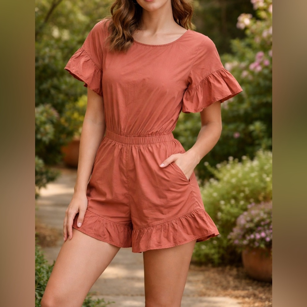 American Eagle Rust Cotton Romper Ruffle Sleeve Tie Waist Boho Romper Small